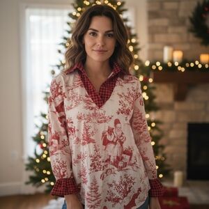 Cherry Betty Red and Cream Santa Christmas Holidays Blouse Shirt Large
